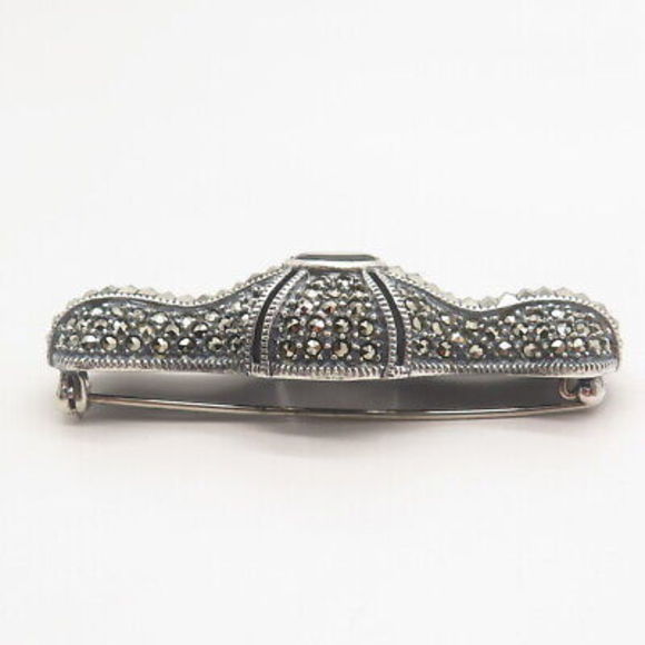 925 Sterling Silver Vintage Judith Jack Black Spinel & Marcasite Gem Pin Brooch - Picture 7 of 8